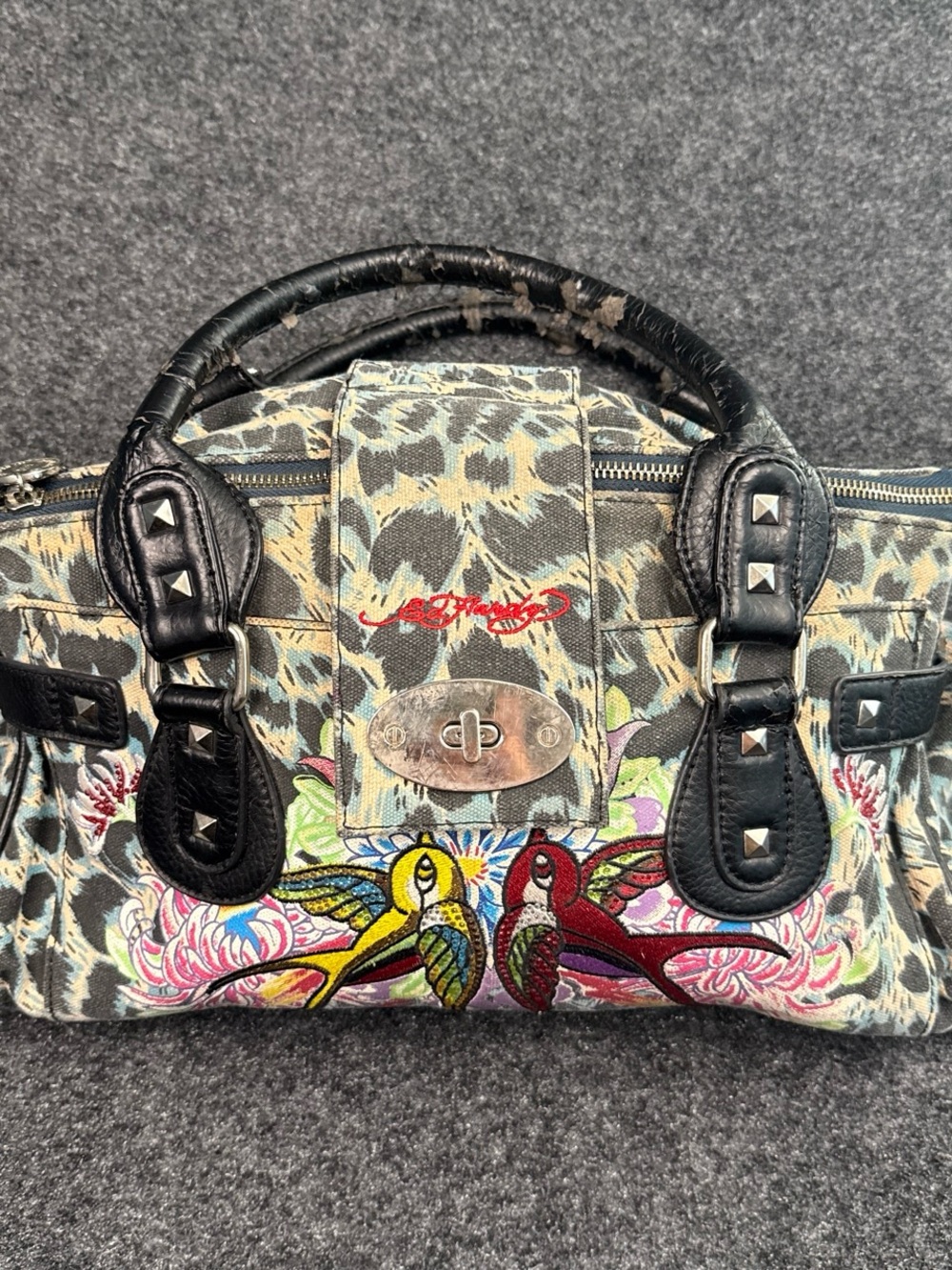 Ed Hardy Y2K Vintage Black Trim Multicolor Embroidered Bird Satchel